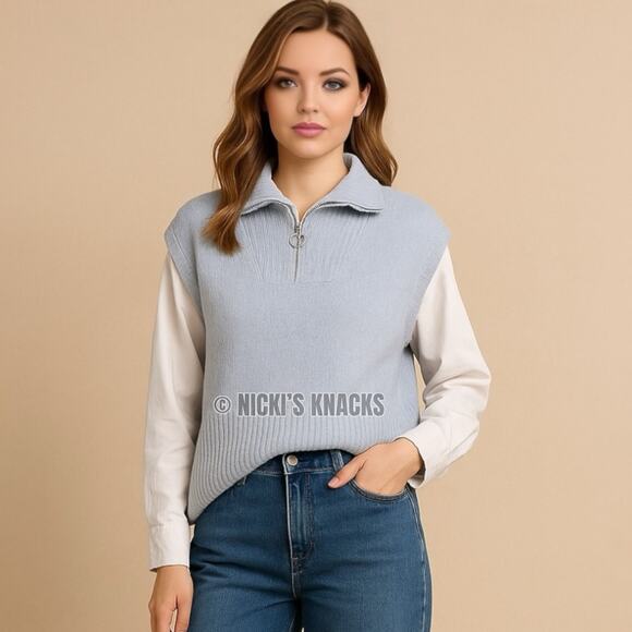 Pink Rose Light Blue Quarter Zip Sweater Vest Ribbed Collar Knit Top Size M - Picture 1 of 15